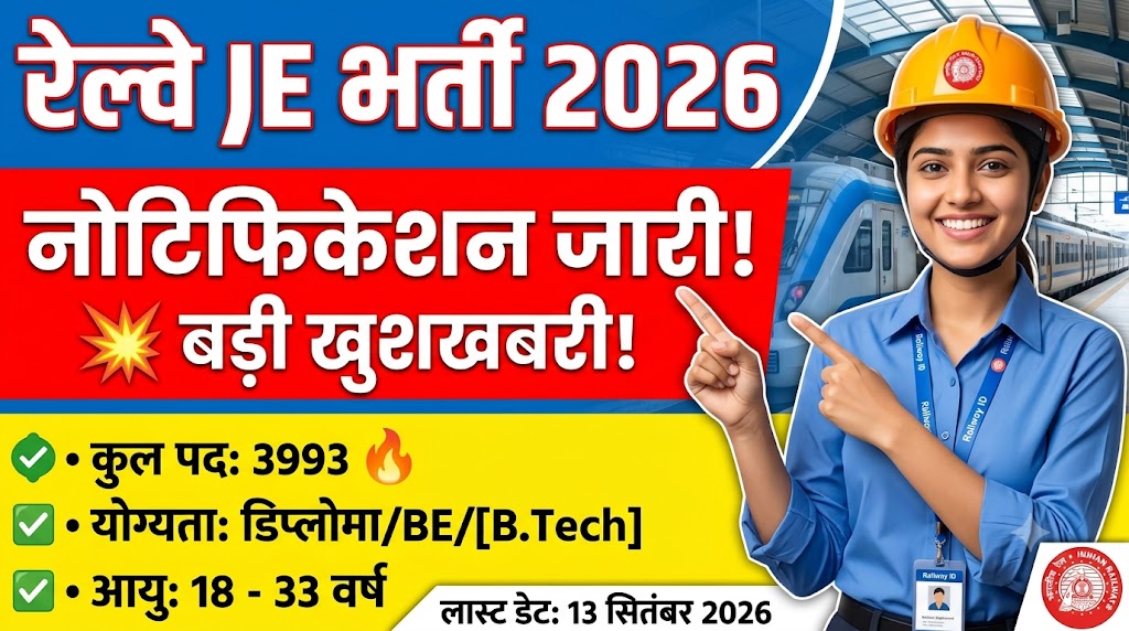 RRB JE  Recruitment 2026: Apply Railway Recruitment Boards (RRBs), under the Ministry of Railways, Government of India. Are you looking for Junior  Engineer (JE), Depot Material Superintendent (DMS), and Chemical & Metallurgical Assistant (CMA) posts? If yes, then read this page. Because in this article we are providing complete details about RRB JE Vacancy 2026. The RRB JE has released a notification. Eligible candidates may fill the RRB JE Recruitment form for vacant positions. As per the notice, candidates may apply for RRB JE Vacancy from 14/08/2026The RRB JE Notification covers Junior Engineer (JE), Depot Material Superintendent (DMS), and Chemical & Metallurgical Assistant (CMA) posts. Applicants seeking a  job in RRB JE can submit the online application form.RRB JE Recruitment 2026 Pdf
Are you also waiting for RRB JE Recruitment 2026? If yes, then you can now apply your form. Because today the board has released the notification for the seats. For more news and updates recruitment, read the section given RRB JE. This is a big opportunity for candidates who are seeking a job. Because the recruitment notification is released for waiting candidates. Also, on this page, check the complete details of RRB JE Recruitment, like the starting date of the application form, eligibility details, fee & pay scale, etc.Recruitment & Staffing

RRB JE Notification 2026 Overview
Organization	Railway Recruitment Board (RRB)
Post Name	Junior Engineer (JE), Depot Material Superintendent (DMS), and Chemical & Metallurgical Assistant (CMA)
Advt. No.	CEN 04/2026
Total Post	3993
Apply Last Date	13/09/2026
Apply Mode	Online
Official Website	@rrbapply.gov.in
Join Telegram	Telegram GroupImportant DatesIn the RRB JE Recruitment notification that has been issued now, the RRB JE has also released the timetable and schedule. In this context, we have shared the RRB JE Recruitment schedule here. You have to keep in mind that you have to apply your form according to the dates. And also we advise the candidates to fill out the RRB JE Recruitment form without waiting for the last date.Engineering & Technology

Activity	Dates
Starting Date for Apply Online	14/08/2026
Last Date for Apply Online	13/09/2026
Last Date Pay Exam Fee	15/09/202
Correction Date	16-25 Sept. 2026
Age Limit as on 01/01/2027
Post Name	Age Limit
Minimum Age	18 Years
Maximum Age	33 Years